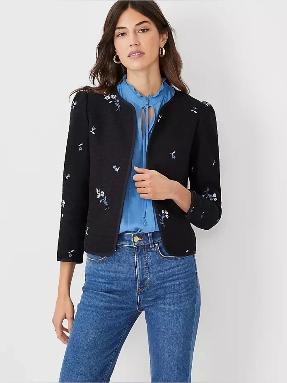 Ann Taylor Petite Black Floral Embroidered Textured Jacket Blazer, Size 4P